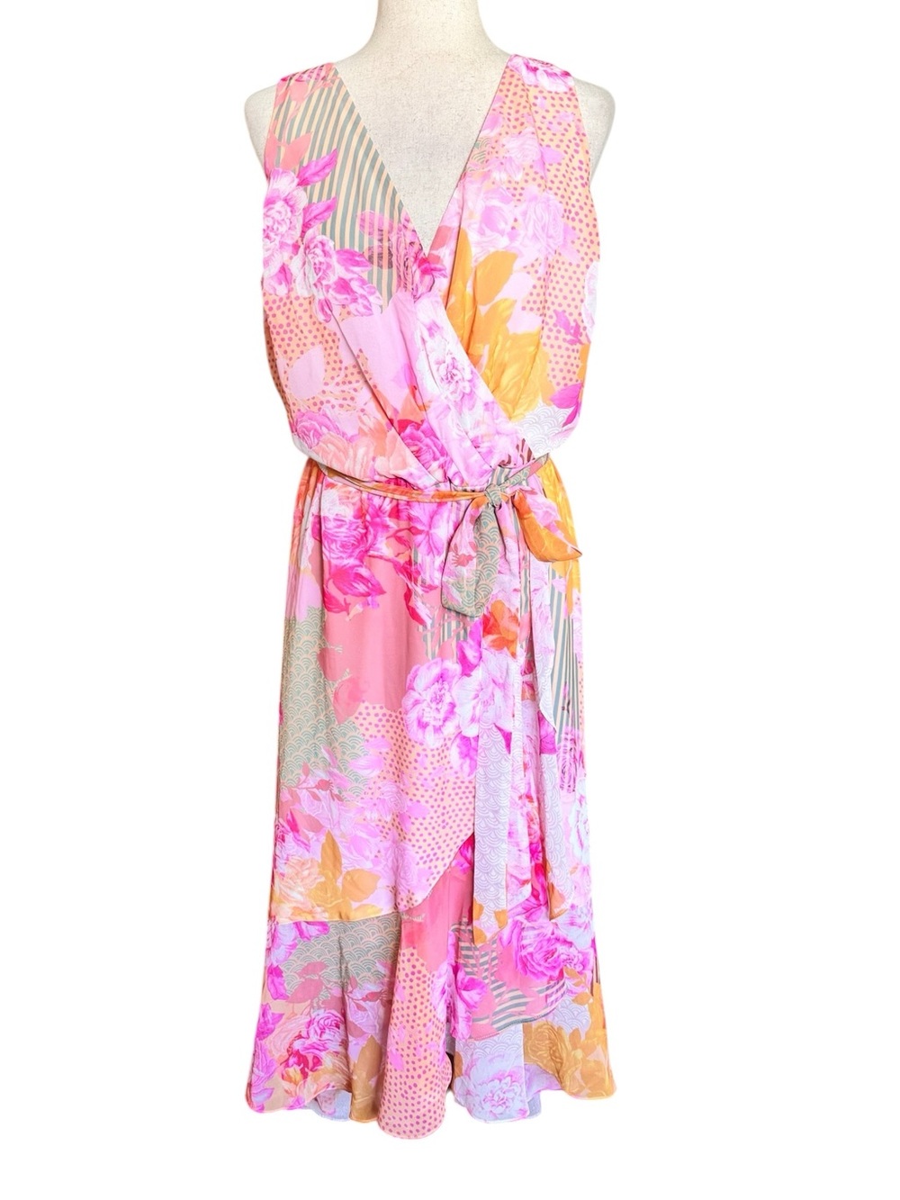 City Chic Pink & Peach Floral Wrap Midi Dress